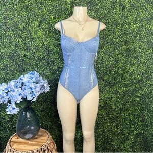 Baby blue lacey babydoll sheer back bodysuit nwt